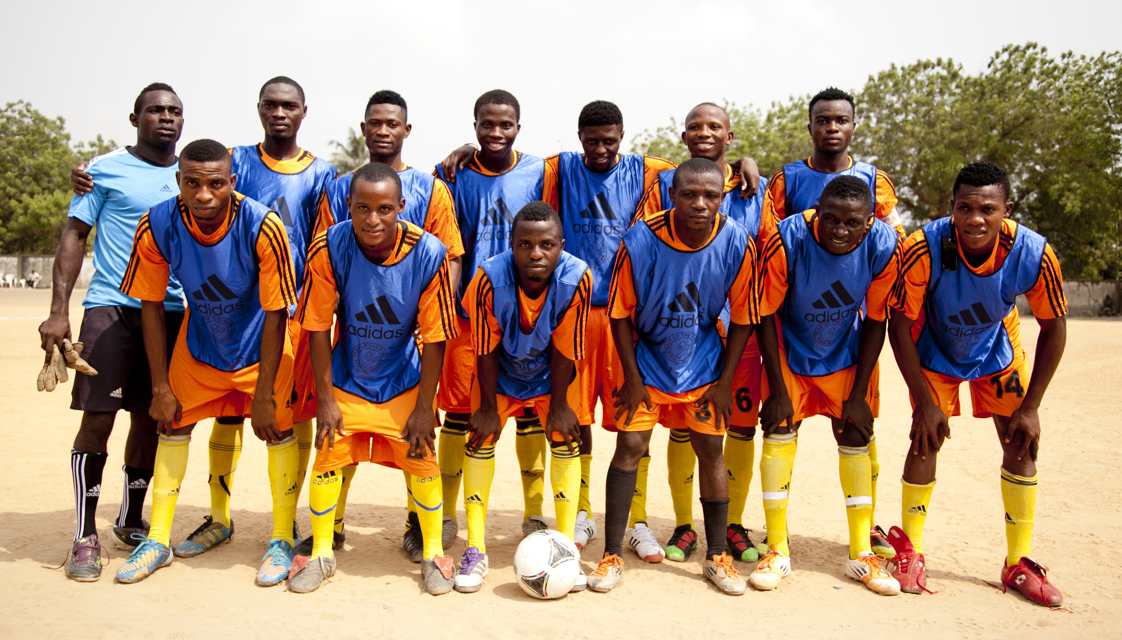 Blue and orange team group photo